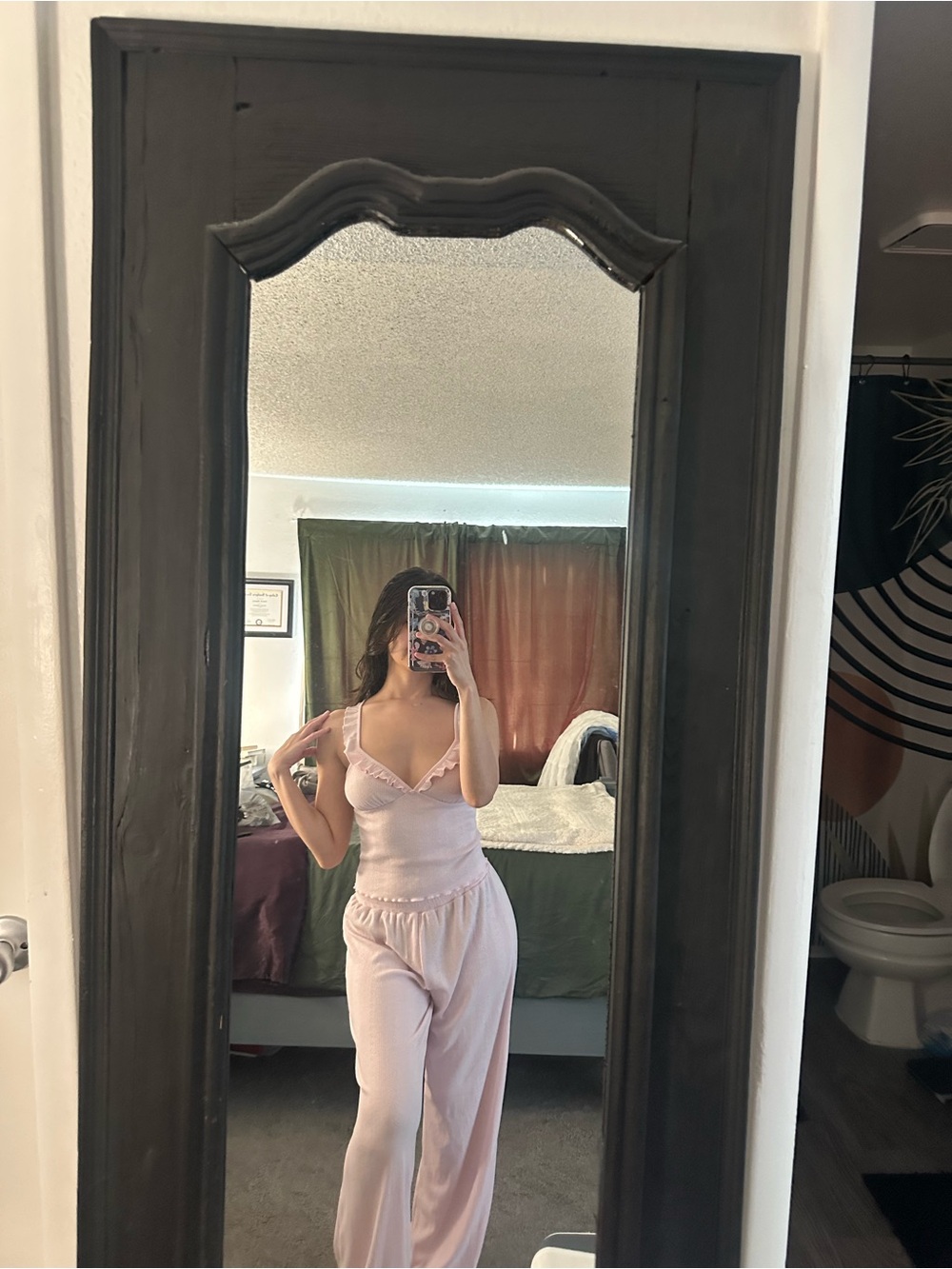 SMALL Aeropostale Light Pink Loungewear Set - Lace Trim Tank & Wide Leg Pants